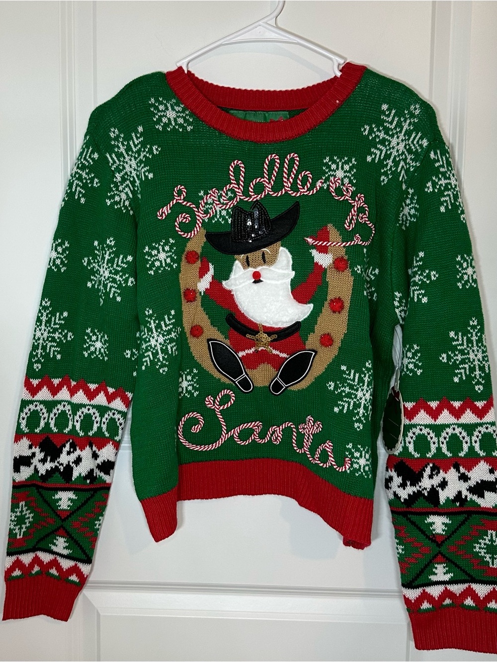 Women’s Green Festive Crewneck Sweater with Seated Santa Motif